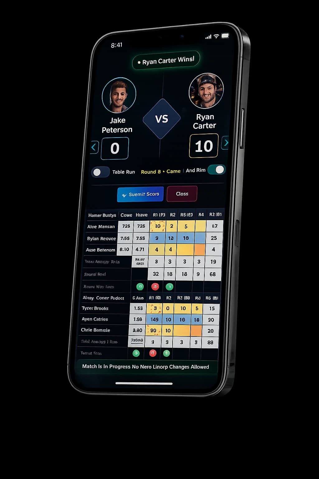 PoolHub Live-Scoring Match Displayed on a Phone